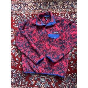 Patagonia Synchilla Red/Navy Lotus Flower Snap T Fleece Pullover Woman’s Medium